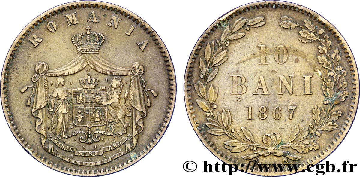 ROMANIA 10 Bani armes 1867 Heaton AU 