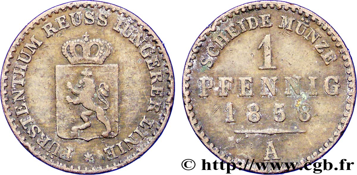 ALEMANIA - REUSS 1 Pfennig Principauté de Reuss, blason 1858  BC+ 