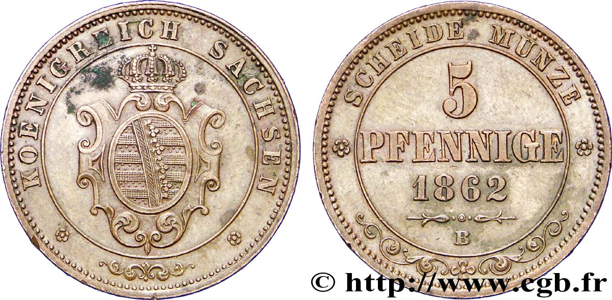 ALLEMAGNE - SAXE 5 Pfennige Royaume de Saxe, blason 1862 Dresde TTB 