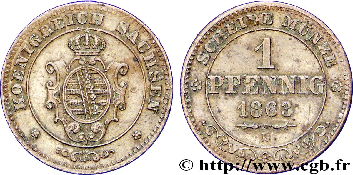 ALEMANIA - SAJONIA 1 Pfennig Royaume de Saxe, blason 1863 Dresde MBC 