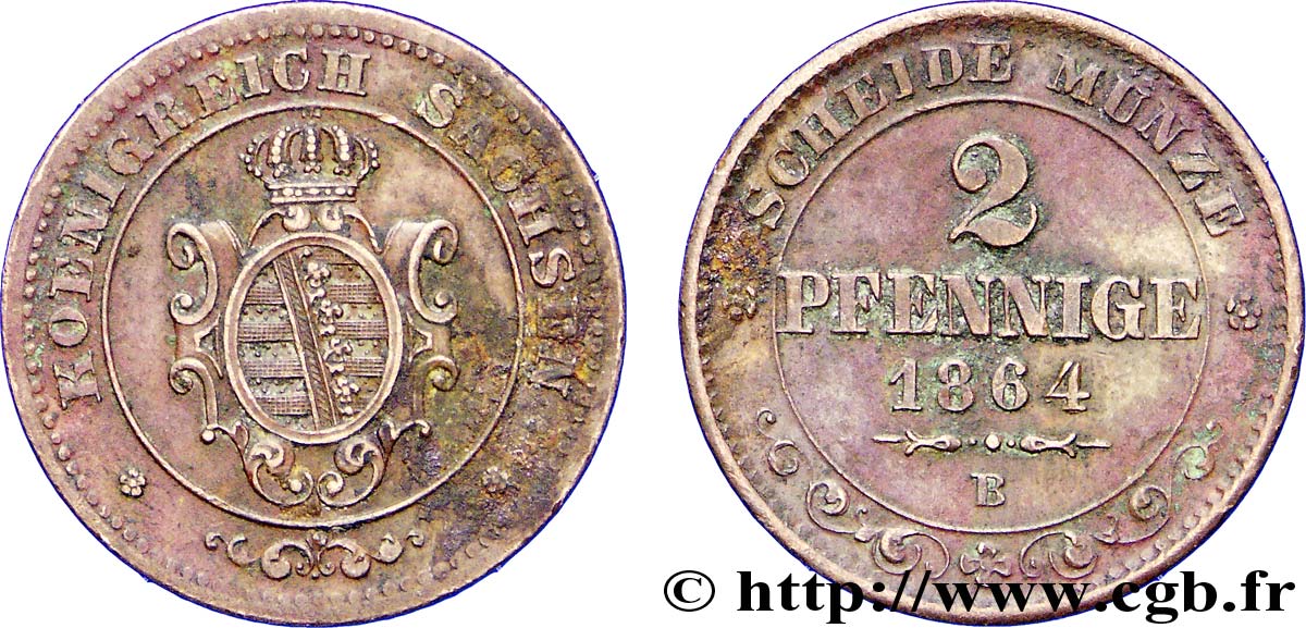 ALEMANIA - SAJONIA 2 Pfennige Royaume de Saxe, blason 1864 Dresde MBC 