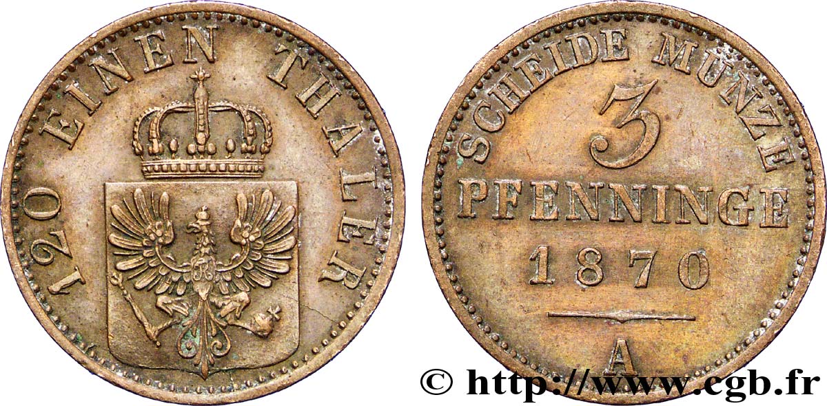 ALEMANIA - PRUSIA 3 Pfenninge Royaume de Prusse écu à l’aigle 1870 Berlin EBC 