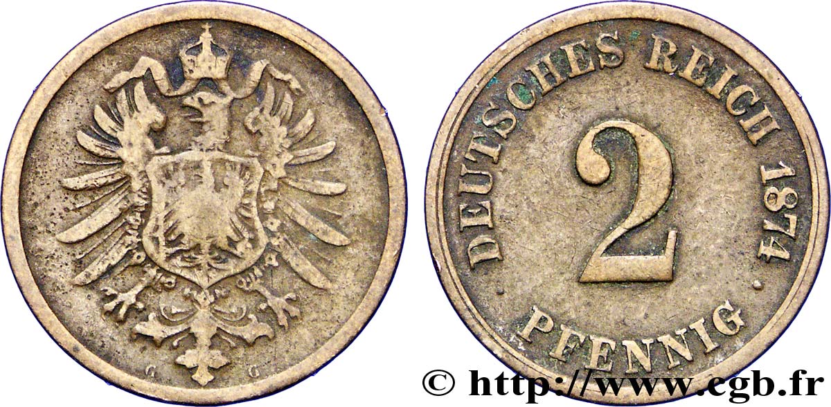 DEUTSCHLAND 2 Pfennig aigle impérial 1874 Karlsruhe - G S 