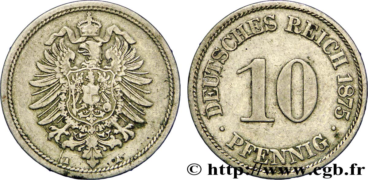 ALEMANIA 10 Pfennig aigle héraldique 1875 Berlin MBC 