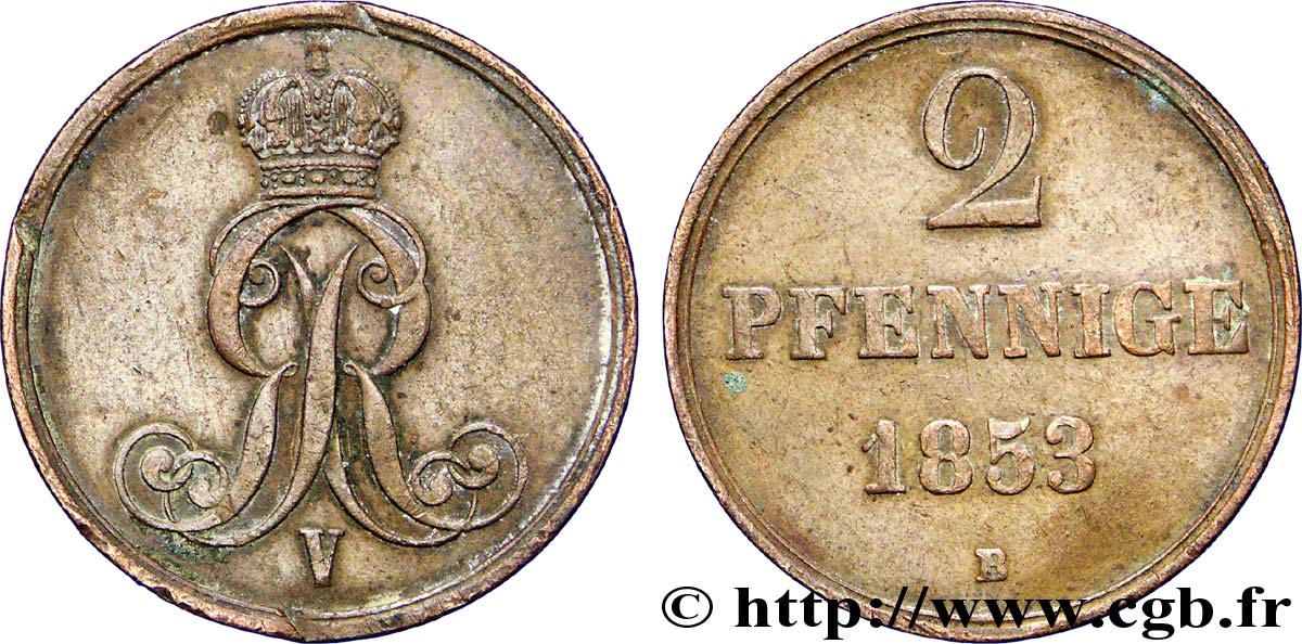 GERMANY - HANOVER 2 Pfennige Royaume de Hanovre monograme GR (roi Georges V=) 1853  XF 