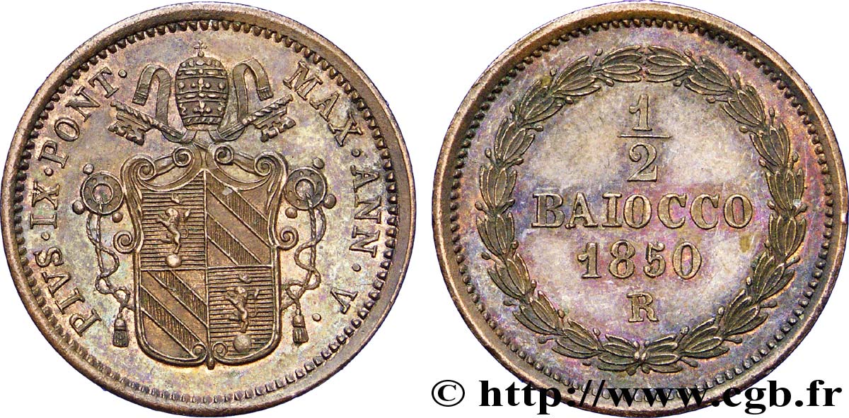 VATICANO Y ESTADOS PONTIFICIOS 1/2 Baiocco frappé au nom de Pie IX an V 1850 Rome EBC 