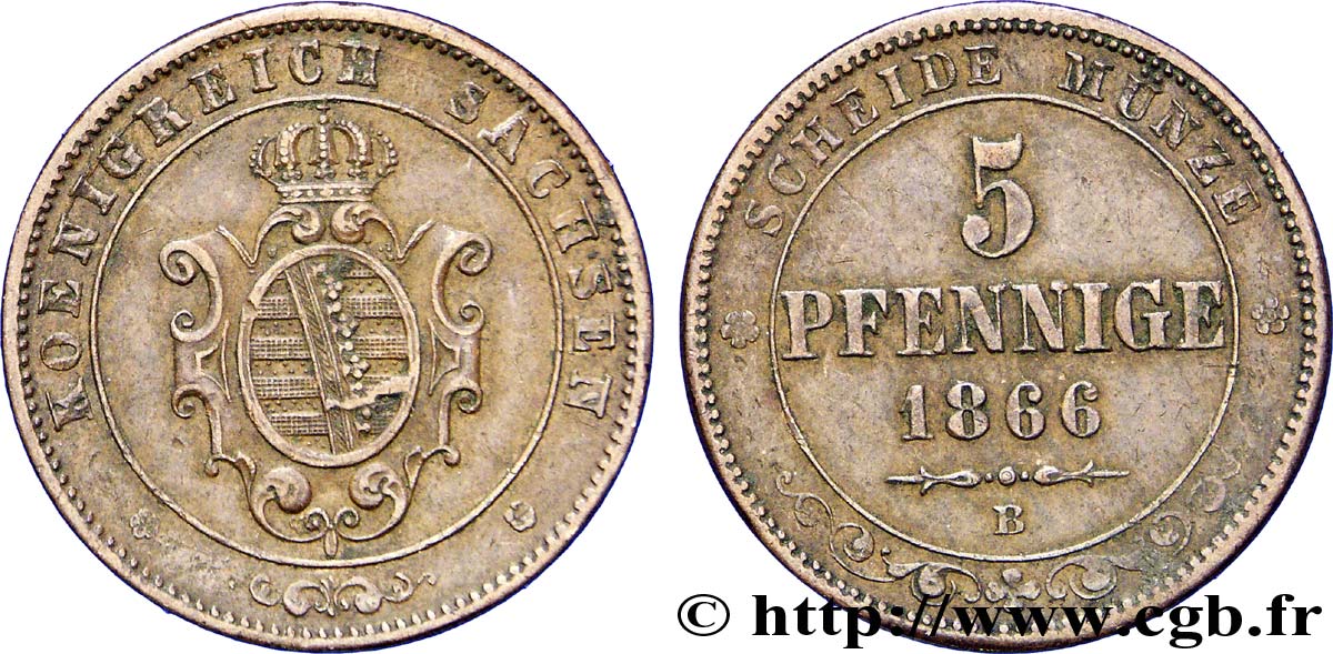 GERMANY - SAXONY 5 Pfennige Royaume de Saxe, blason 1866 Dresde XF 