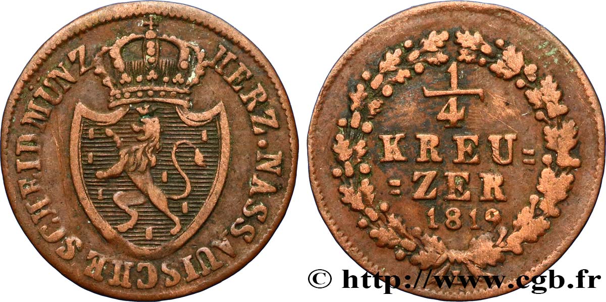 GERMANY - NASSAU 1/4 Kreuzer Grand-Duché de Nassau 1819  VF 