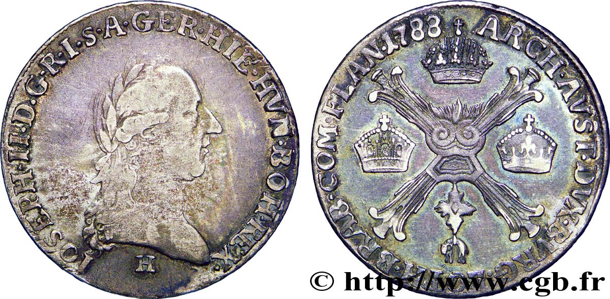 BELGIQUE - PAYS-BAS AUTRICHIENS 1/4 Kronenthaler Pays-Bas Autrichiens Joseph II / armes 1788 Günzburg - H TTB 