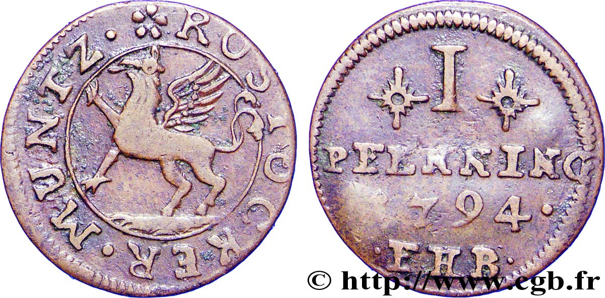 ALEMANIA - ROSTOCK 1 Pfenning emblème au griffon 1794  BC+ 