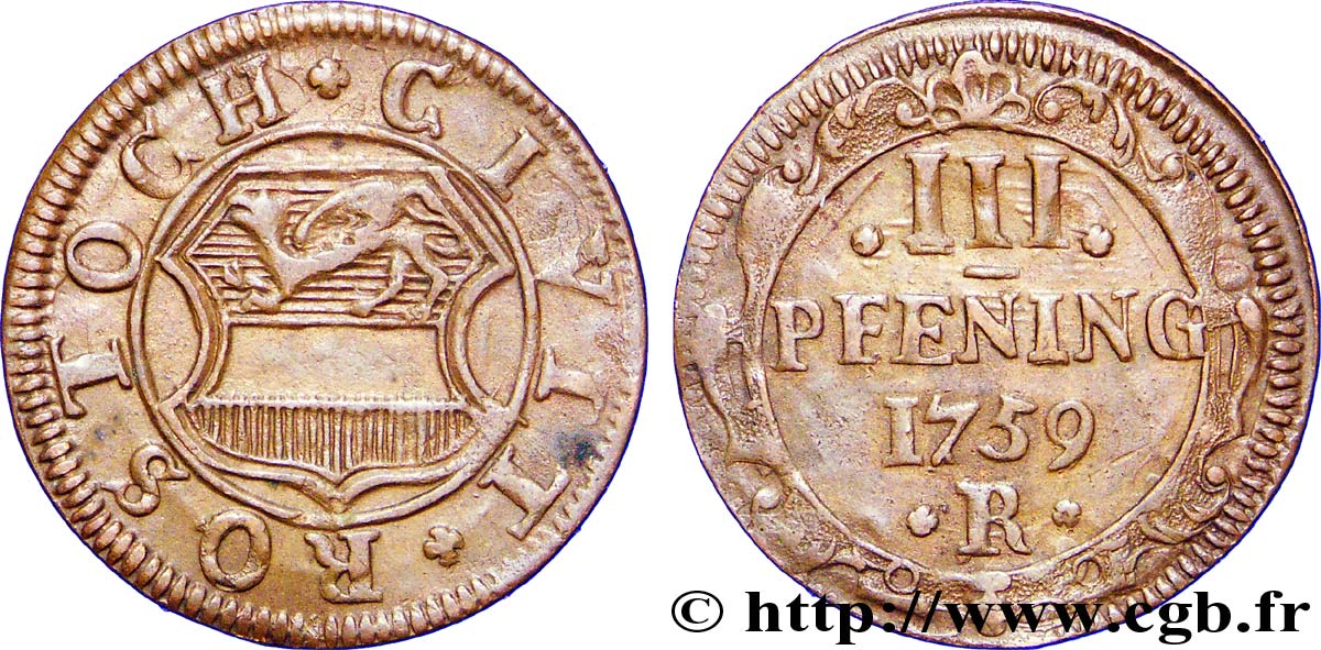 ALEMANIA - ROSTOCK III Pfenning emblème au griffon 1757  MBC 