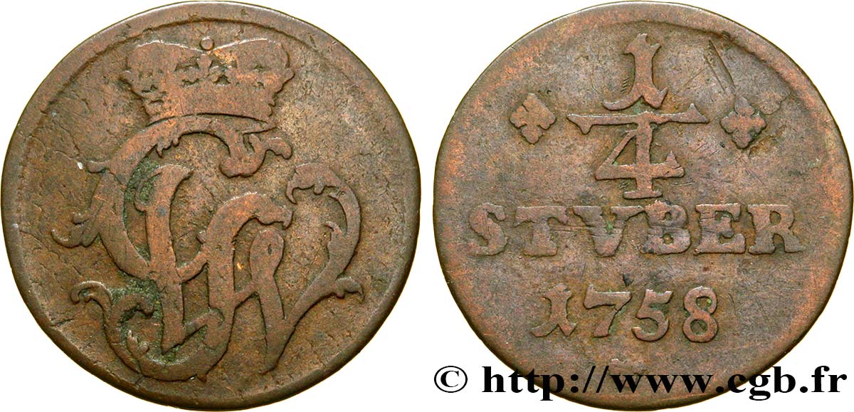DEUTSCHLAND - WIED-RUNKEL 1/4 Stuber monogramme de Johann Ludwig Adolf 1758  S 