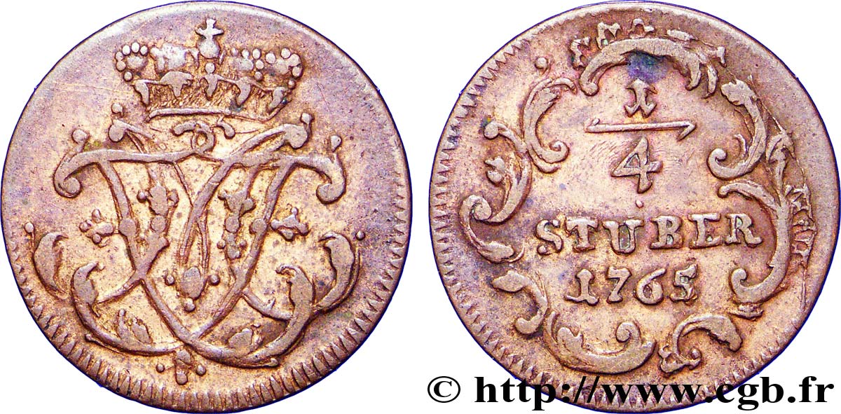 GERMANY - COLOGNE 1/4 Stuber monogramme de Maximilien-Frédéric de Königsegg-Rotenfels prince-évèque 1765  XF 