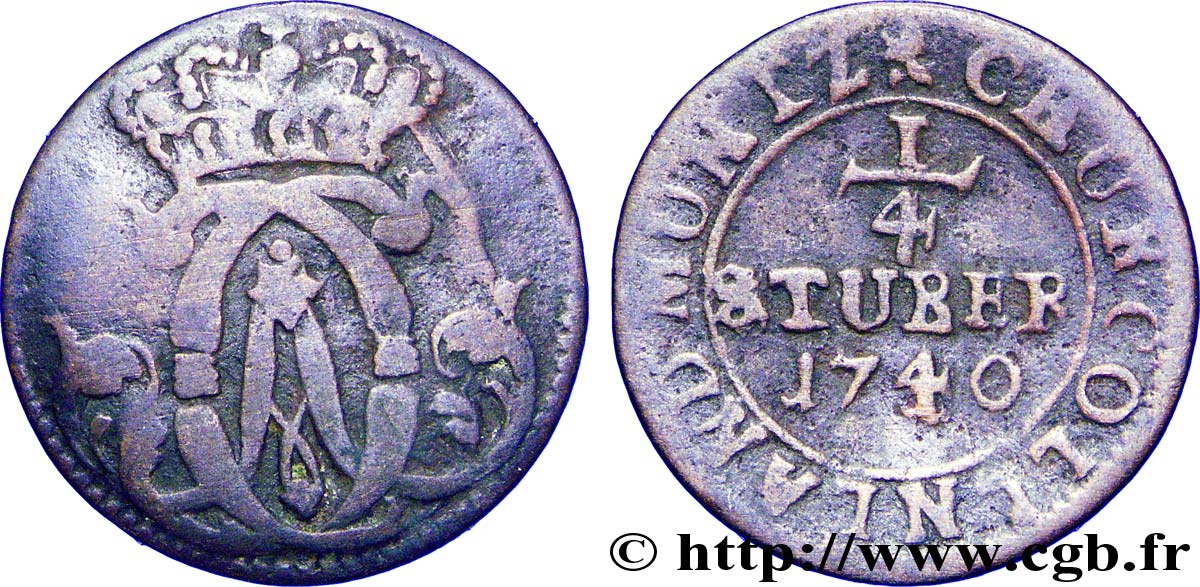 GERMANIA - COLONIA 1/4 Stuber monogramme de Clément-Auguste de Bavière Prince-Électeur archevêque de Cologne  1740  MB 