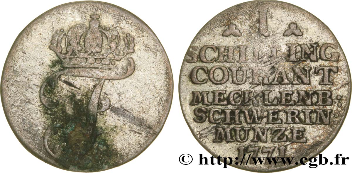 ALEMANIA - MECKLEMBURGO-SCHWERIN 1 Schilling monogramme de Frédéric Ier de Mecklembourg-Schwerin 1771  MBC 