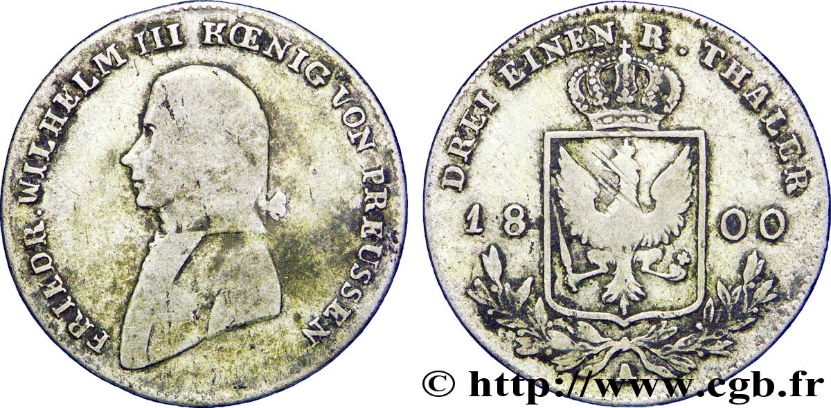 ALEMANIA - PRUSIA 1/3 Thaler Frédéric-Guillaume III roi de Prusse 1800 Berlin BC 