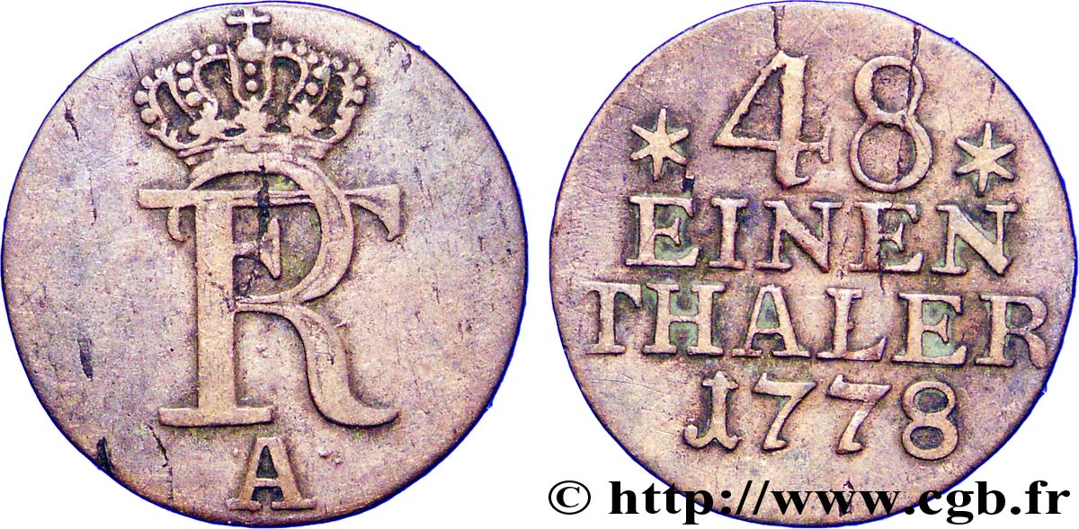 ALEMANIA - PRUSIA 1/48 Thaler Royaume de Prusse monogramme de Frédéric II 1778 Berlin MBC 