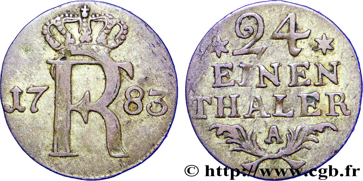 ALEMANIA - PRUSIA 1/24 Thaler Royaume de Prusse monogramme de Frédéric II 1783 Berlin BC+ 