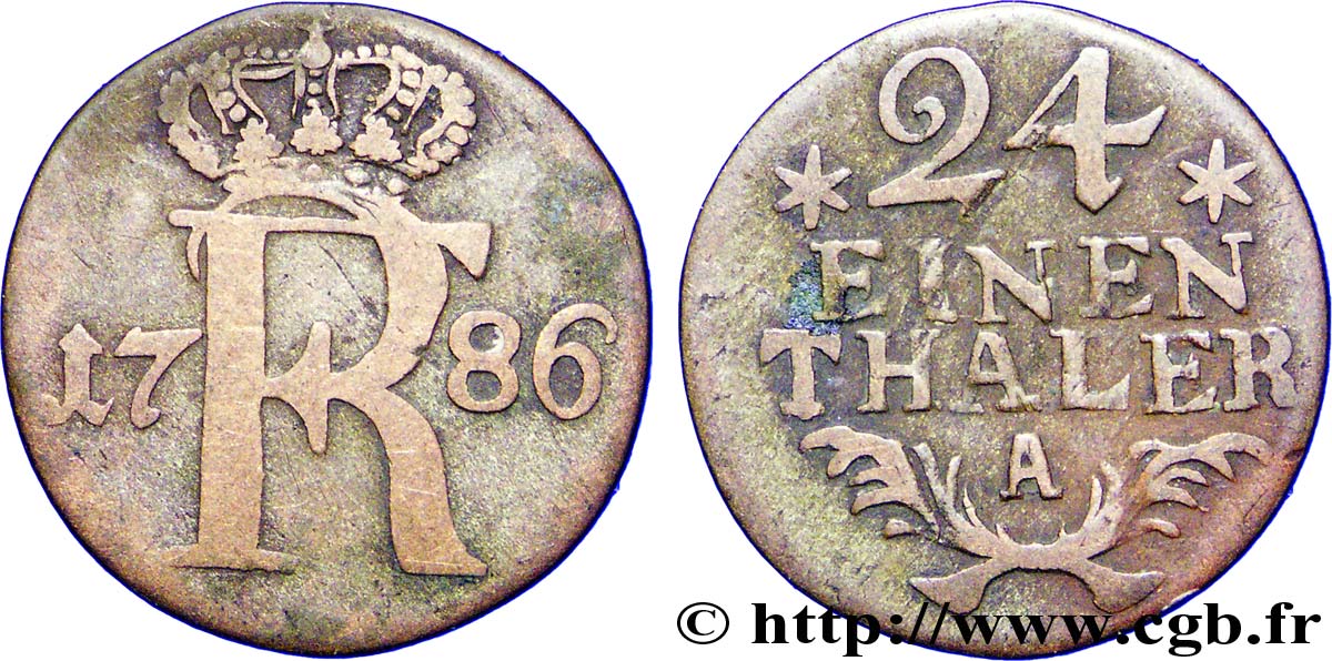 GERMANY - PRUSSIA 1/24 Thaler Royaume de Prusse monogramme de Frédéric II 1786 Berlin VF 