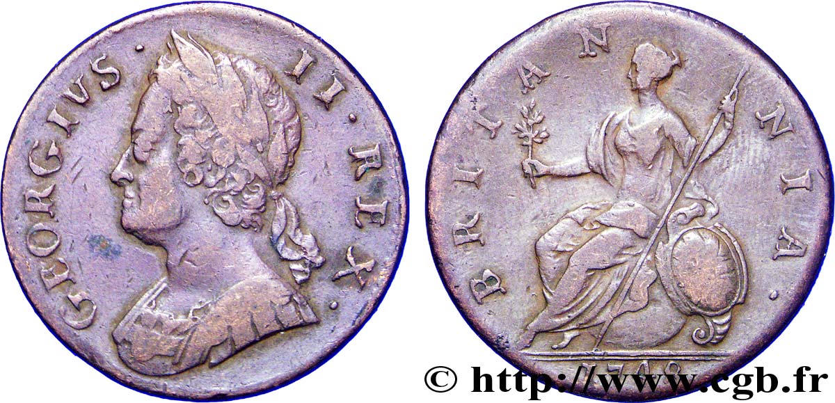 UNITED KINGDOM 1/2 Penny Georges II tête laurée / Britannia 1748  VF 