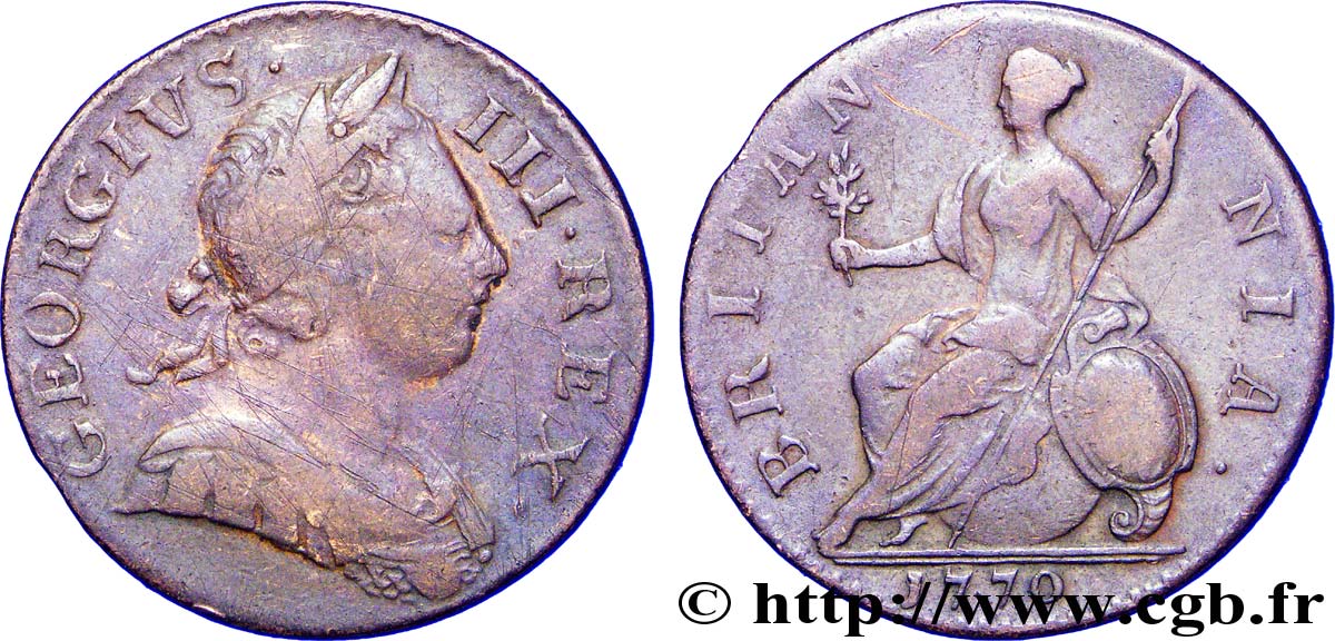 REGNO UNITO 1/2 Penny Georges III tête laurée / Britannia 1770  q.BB 