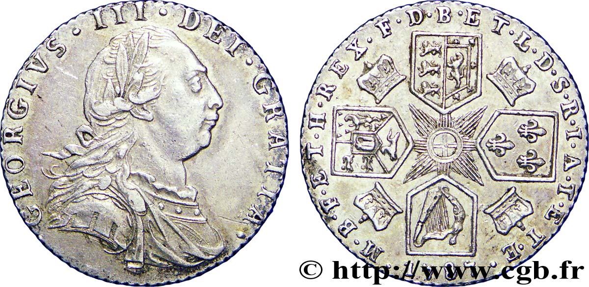 REGNO UNITO 6 Pence Georges III / emblème, type sans semée de coeur dans les armes de Hanovre 1787  SPL 