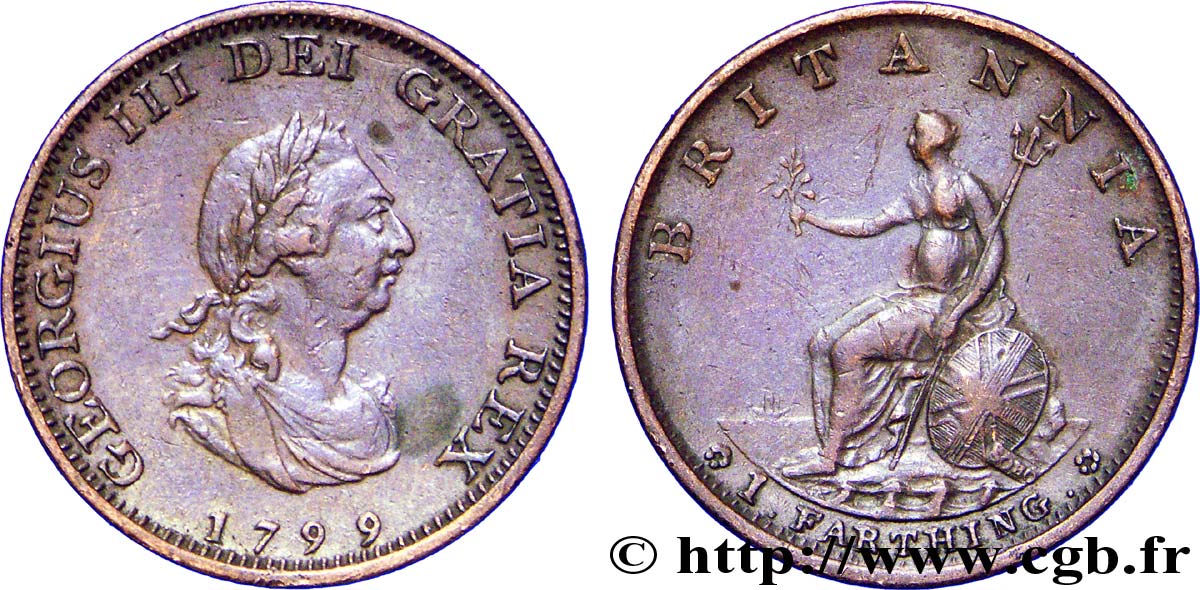 REGNO UNITO 1 Farthing Georges III tête laurée 1799 Soho MB 