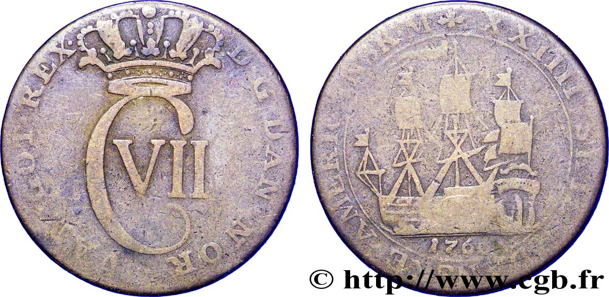 DANISH WEST INDIES (VIRGIN ISLANDS) XXIIII Skilling monogramme de Christian VII / voilier 1766  VF 