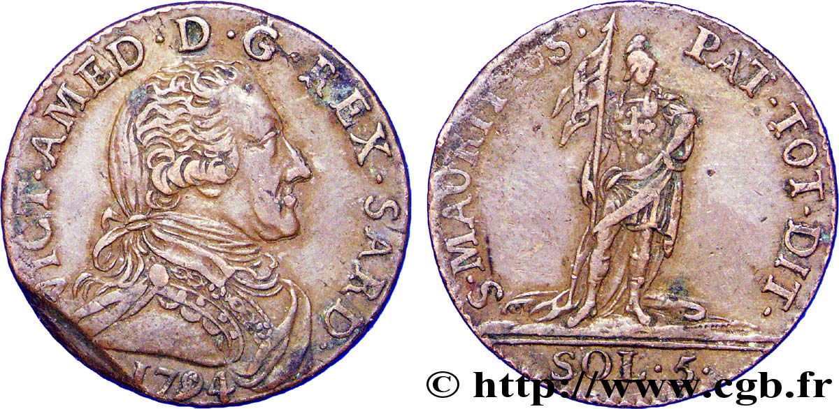 ITALY - KINGDOM OF SARDINIA 5 Soldi Royaume de Sardaigne Victor Amédée III 1794 Turin VF 