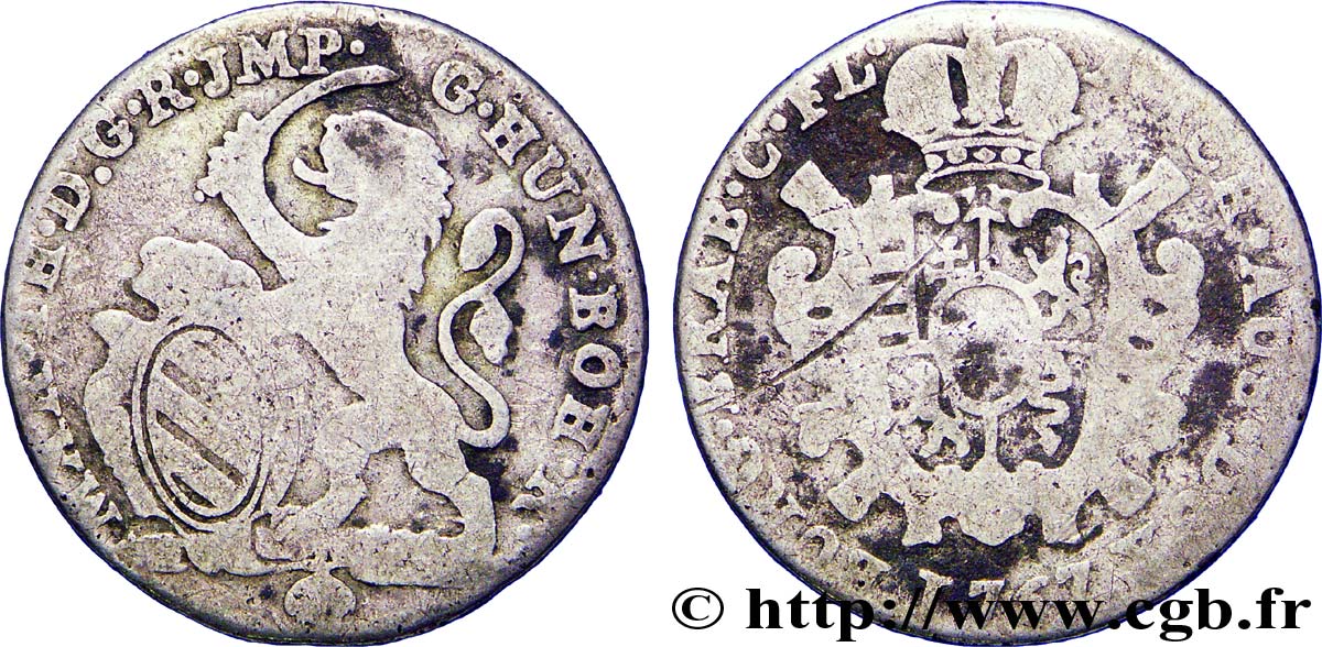 BÉLGICA - PAíSES BAJOS AUSTRíACOS 1 Escalin frappe au nom de Marie-Thérèse : lion / armes 1767 Bruxelles RC+ 