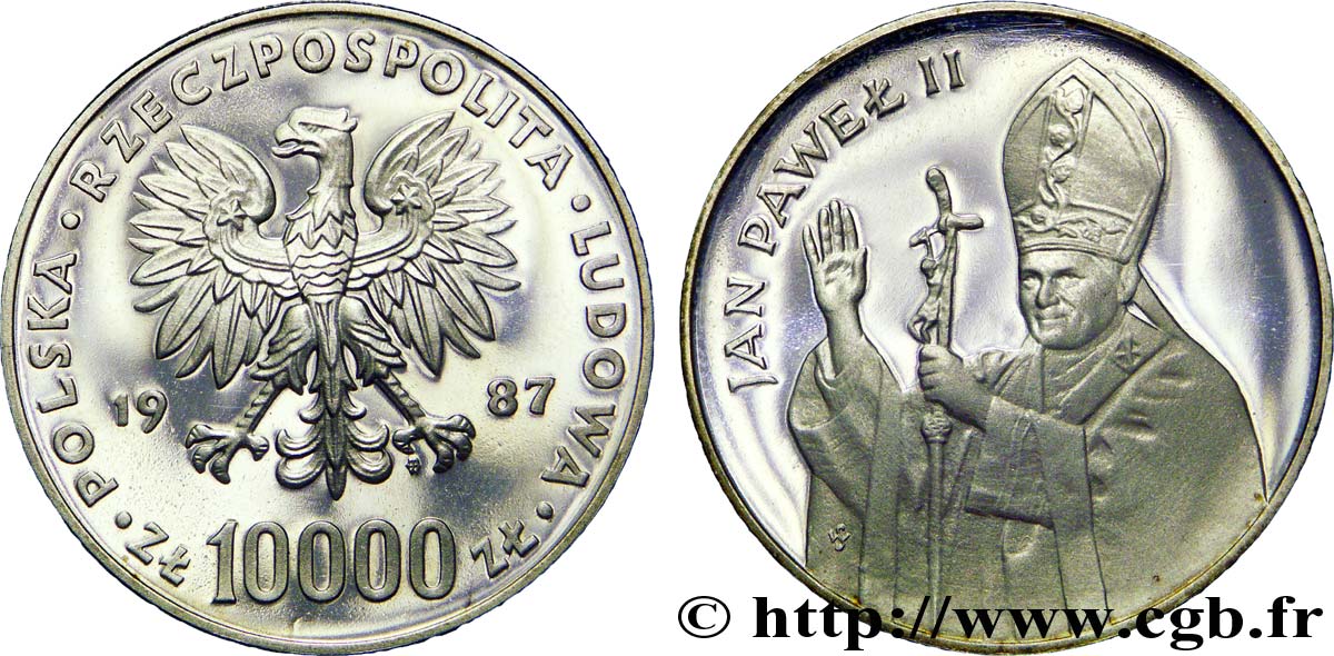 POLONIA 10000 Zlotych aigle / visite papale : Jean-Paul II 1987 Varsovie MS 