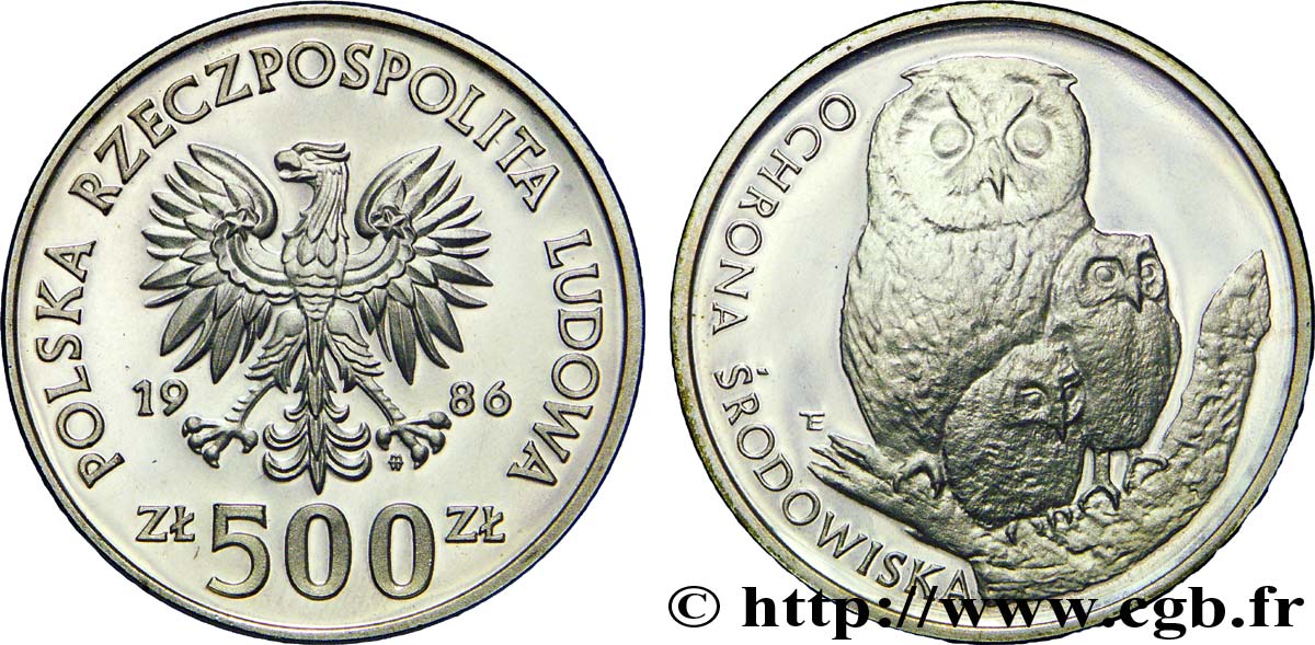 POLONIA 500 Zlotych aigle / chouettes 1986 Varsovie MS 