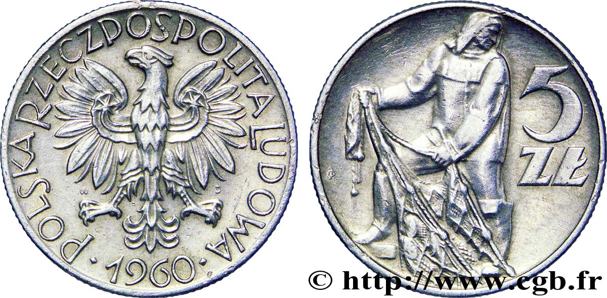 POLONIA 5 Zlotych aigle / pêcheur tirant un filet 1960 Varsovie EBC 