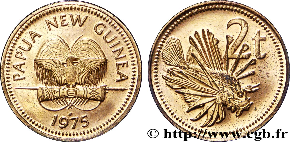 PAPUA NUOVA GUINEA 2 Toea oiseau de paradis / poisson 1975  MS 
