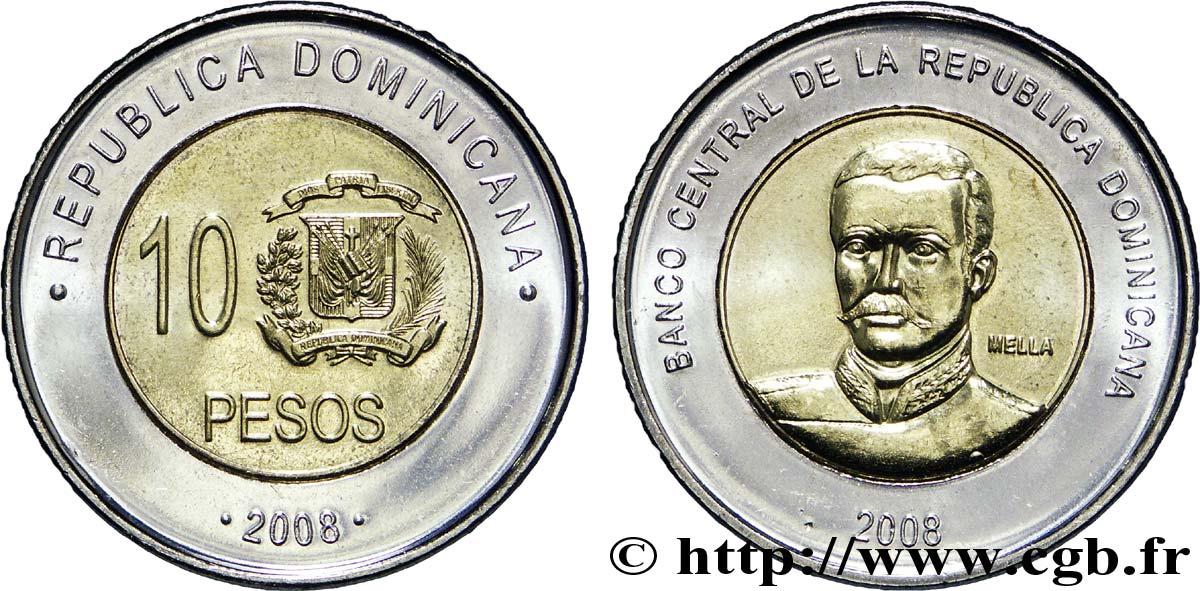 REPúBLICA DOMINICANA 10 Pesos emblème / Ramón Matías Mella 2008  SC 