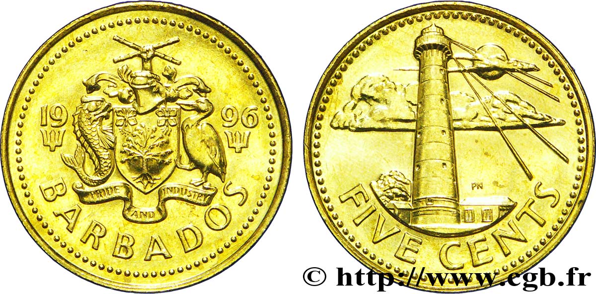 BARBADOS 5 Cents  emblème / phare de South Point 1996  fST 