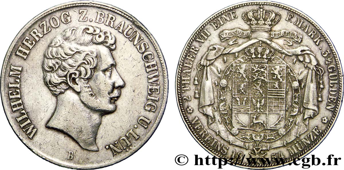 ALEMANIA - BRUNSWICK 2 Thaler Guillaume duc de Brunswick et Lunenbourg / armes 1854  MBC 