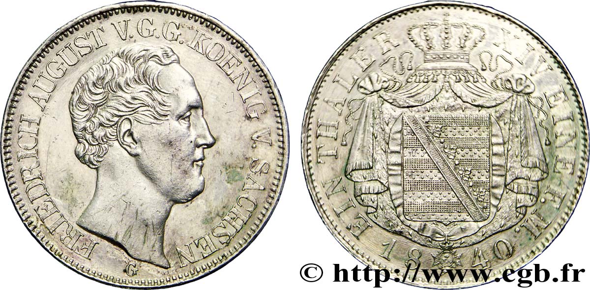 ALEMANIA - SAJONIA 1 Thaler Frédéric-Auguste roi de Saxe / manteau d’armes couronné 1840 Dresde MBC 