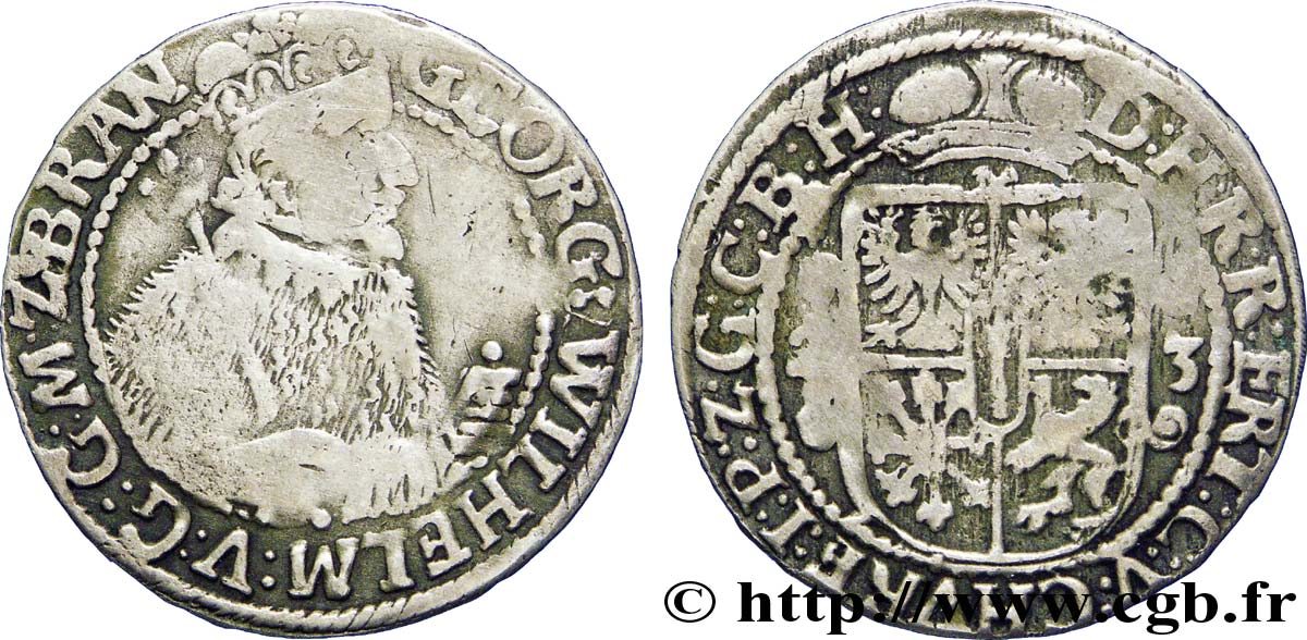 ALEMANIA - BRANDEBURGO 1/4 Thaler Georges Guillaume en manteau d’hermine / armes 1623 Konigsberg BC 