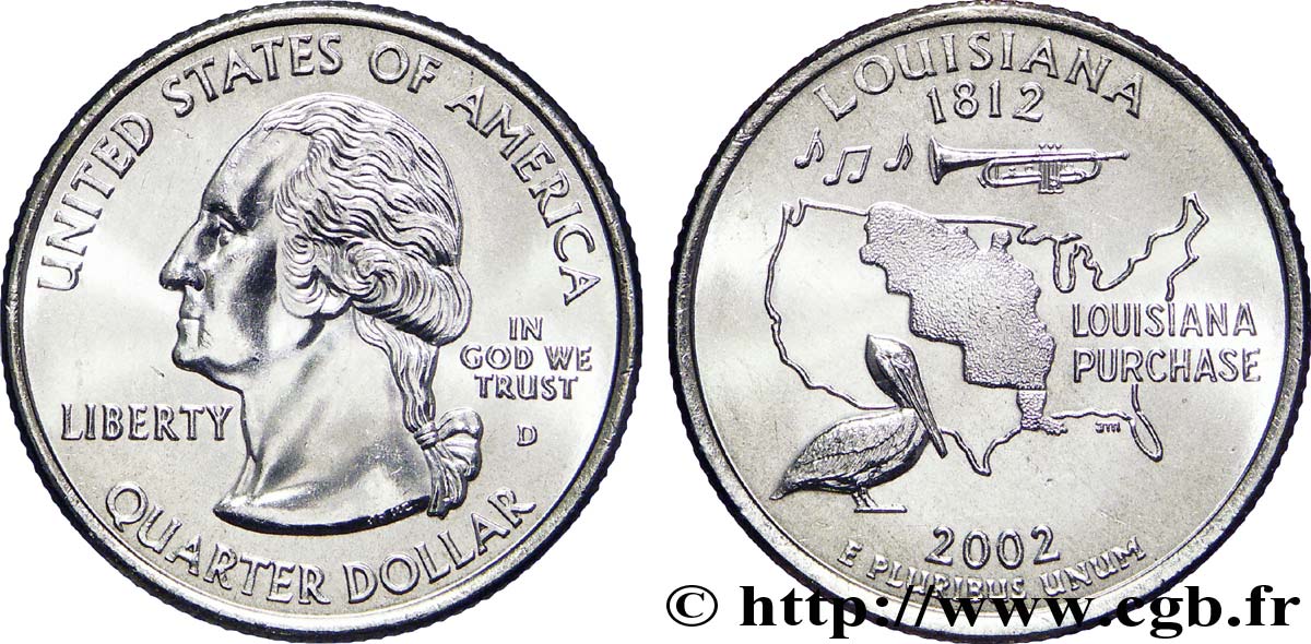 VEREINIGTE STAATEN VON AMERIKA 1/4 Dollar Louisiane : trompette, pélican et limite du territoire de la Louisiane en 1803 2002 Denver fST 
