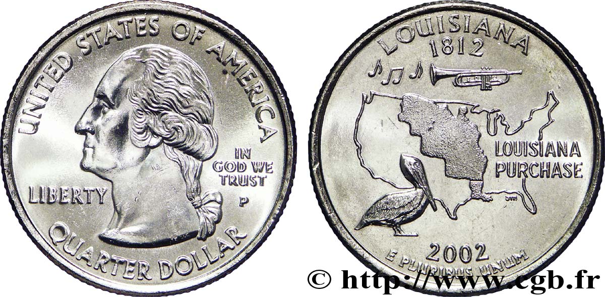 UNITED STATES OF AMERICA 1/4 Dollar Louisiane : trompette, pélican et limite du territoire de la Louisiane en 1803 2002 Philadelphie MS 