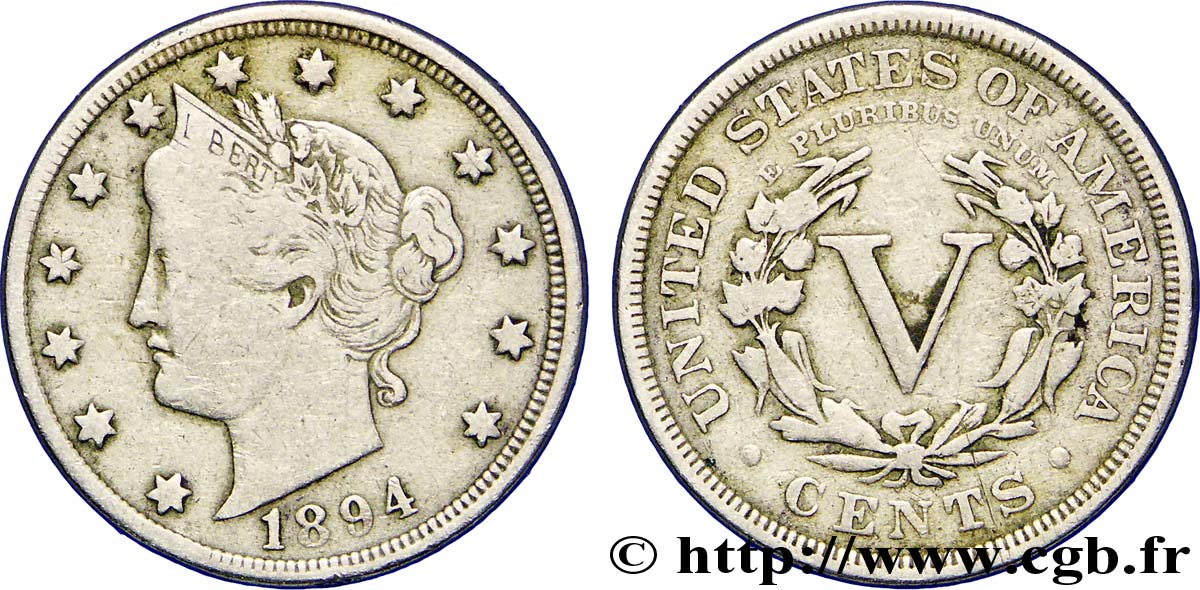 UNITED STATES OF AMERICA 5 Cents “Liberté” 1894 Philadelphie VF 