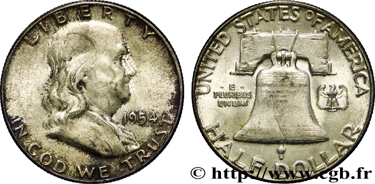 VEREINIGTE STAATEN VON AMERIKA 1/2 Dollar Benjamin Franklin 1954 Philadelphie VZ 
