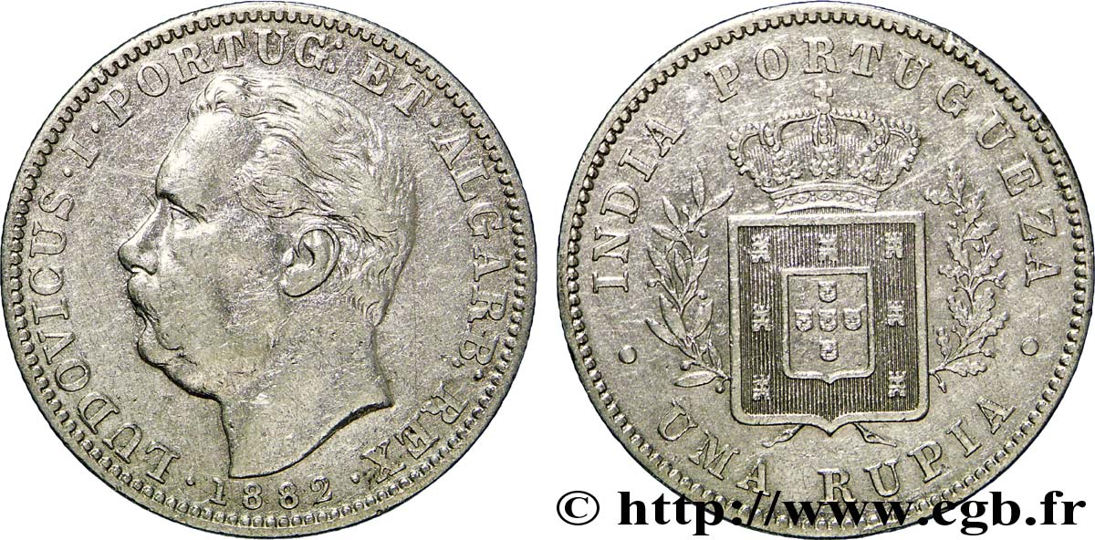 PORTUGUESE INDIA 1 Roupie Louis Ier (Luis) / emblème couronné 1882  XF 