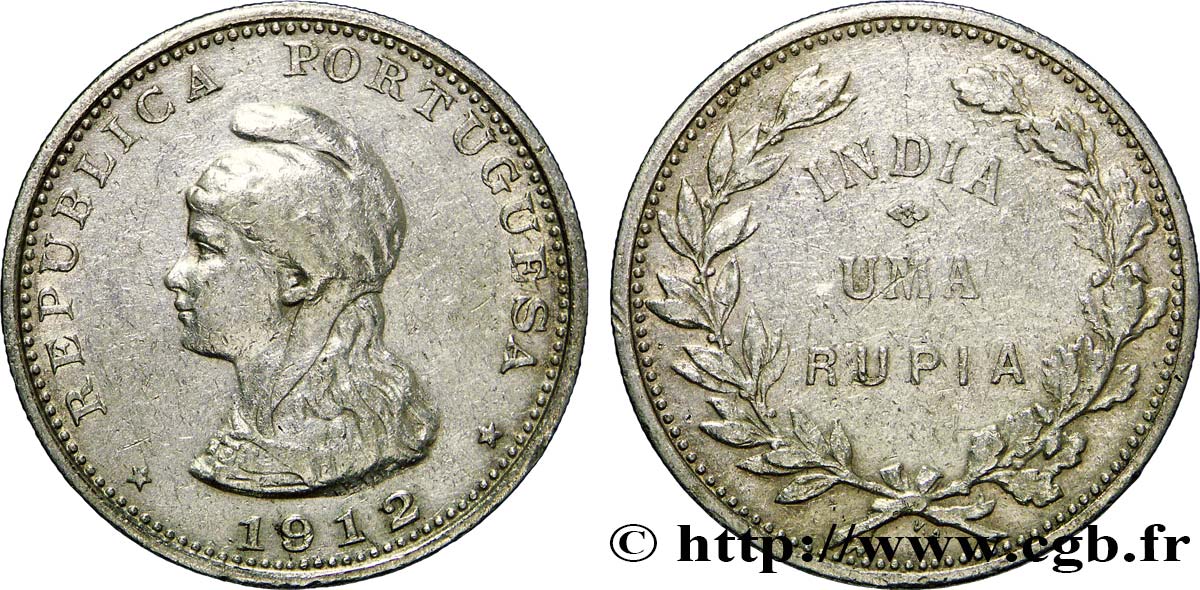 INDIA PORTOGHESE 1 Roupie Allégorie de la République Portugaise 1912  BB 