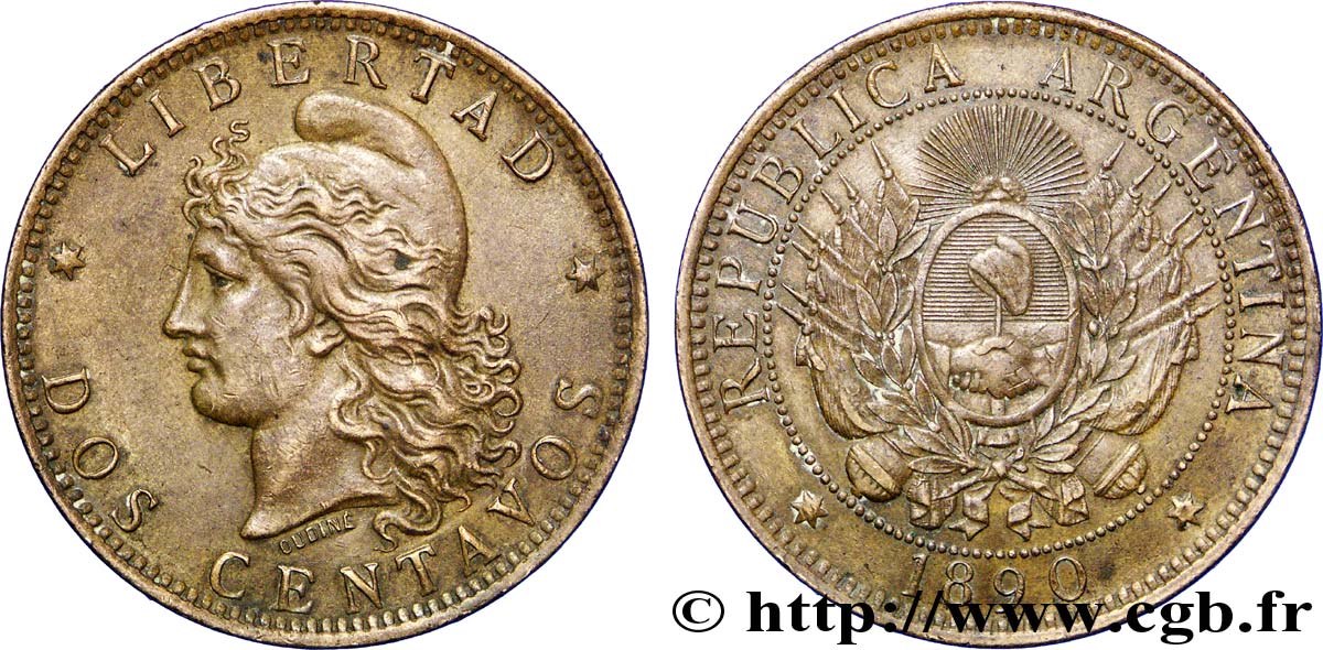 ARGENTINA 2 Centavos emblème / “Liberté” 1890  EBC 