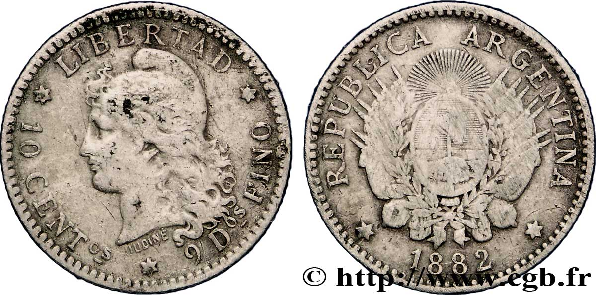 ARGENTINA 10 Centavos emblème / “Liberté” 1882  VF 