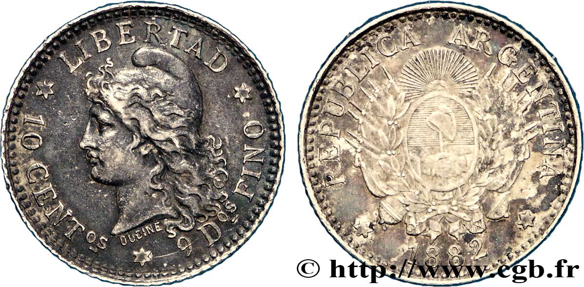 ARGENTINIEN 10 Centavos emblème / “Liberté” 1882  VZ 