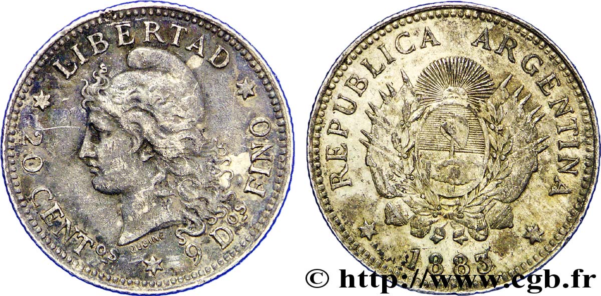 ARGENTINA 20 Centavos Liberté au bonnet / emblème (1883/2) 1883  q.SPL 