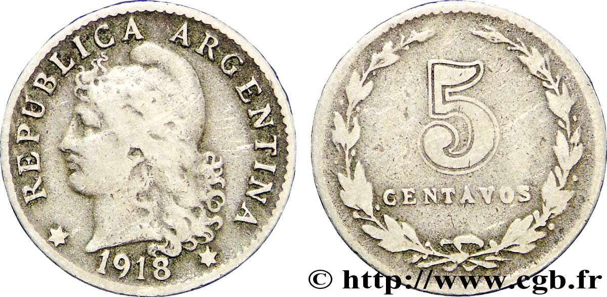 ARGENTINIEN 5 Centavos “Liberté” 1918  S 